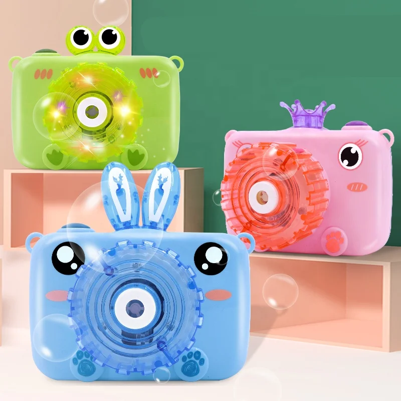 Hot Selling Summer Battery Operated Camera Electric Imperial Crown Frog Rabbit Bubble Machine Toy with Light and Music for Kids