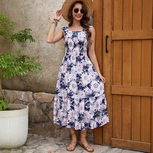 Women's Casual Vest Dress Big Flower Print Dress Strap Fashional Long Vestidos