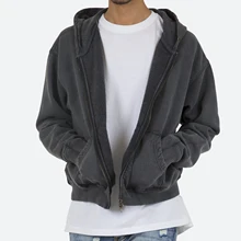 Heavyweight Cotton Oversized Hoodie Men's Acid Washed Cropped Zip Up Hoodies  Blank 500gsm Fleece Baggy Hoodie