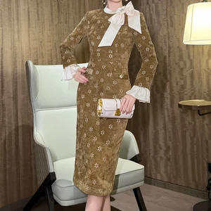 ZYHT 51186 Ladies Vintage Autumn Winter Embroidery Midi Dress Velvet Long Sleeve Formal Professional Career Women Office Dress