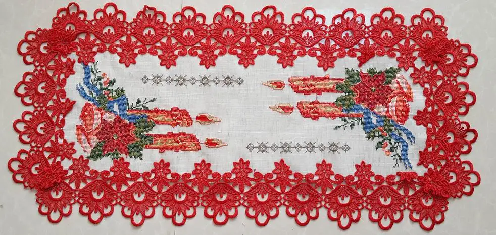Rose Embroidery Cross STITCH TABLE RUNNER with Cutwork