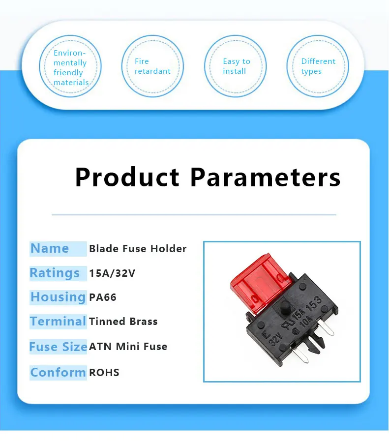10A 32V Mini Blade Fuse Holder with Vertical Horizontal Mount and PA66 Material for PCB Mounting