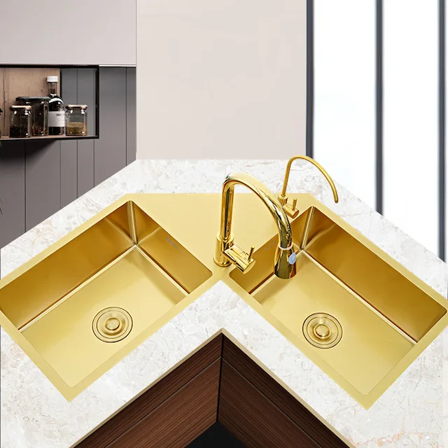 Custom Design Kitchen Stainless Steel Sink Set Corner Mounting for Washing Vegetables Food Double Bowl Kitchen Sink Gold