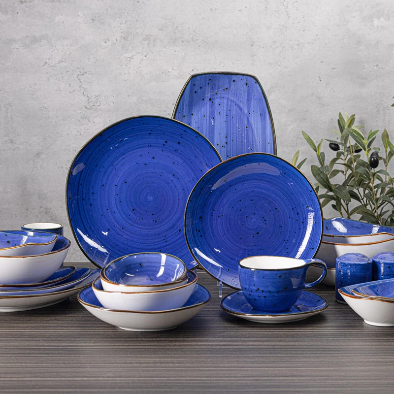 New Style 24pcs Tableware Porcelain Retro Color Reactive Glaze Crockery Restaurant Home Plates Set Dinnerware Ceramic Dinner Set