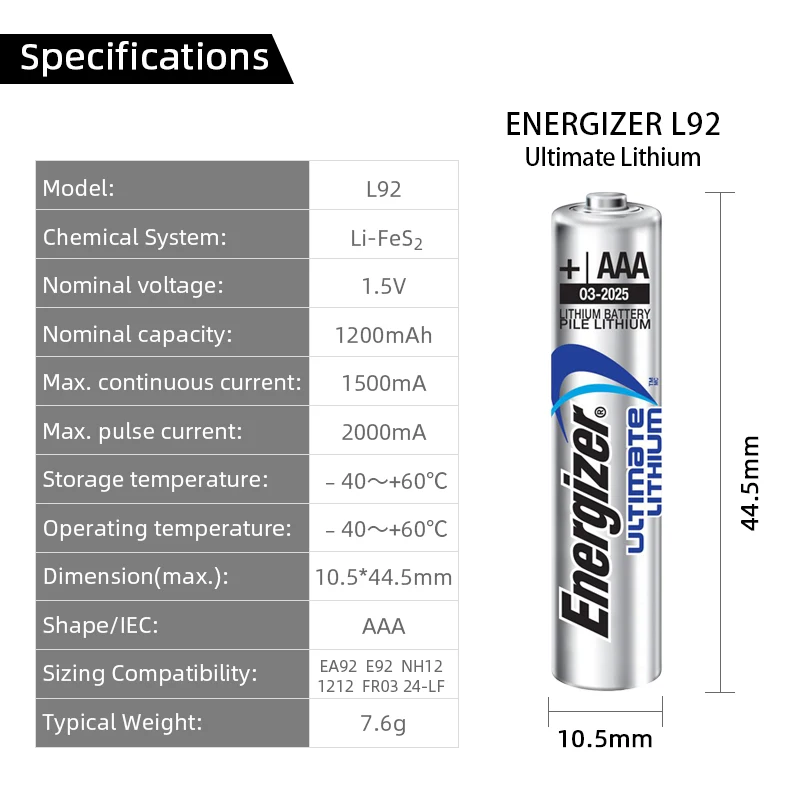 Piles AAA Energizer Lithium Fer Disulfide 1.5V