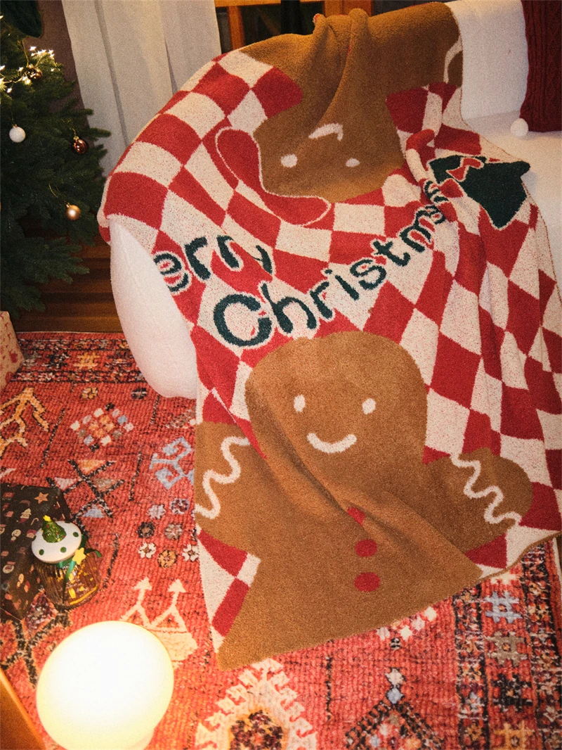 Christmas Gingerbread Man checker  100% microfiber yarn double side super cozy knit blanket supplier