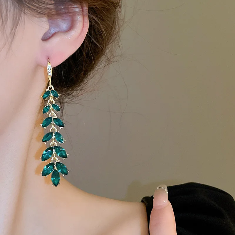 Fresh flash green leaf ear hook light luxury personality temperament earrings