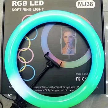 15 Inch MJ38 RGB Circle Photography Lighting Led RGB Ring Light with Phone Tripod Stand for Selfile Live detail image