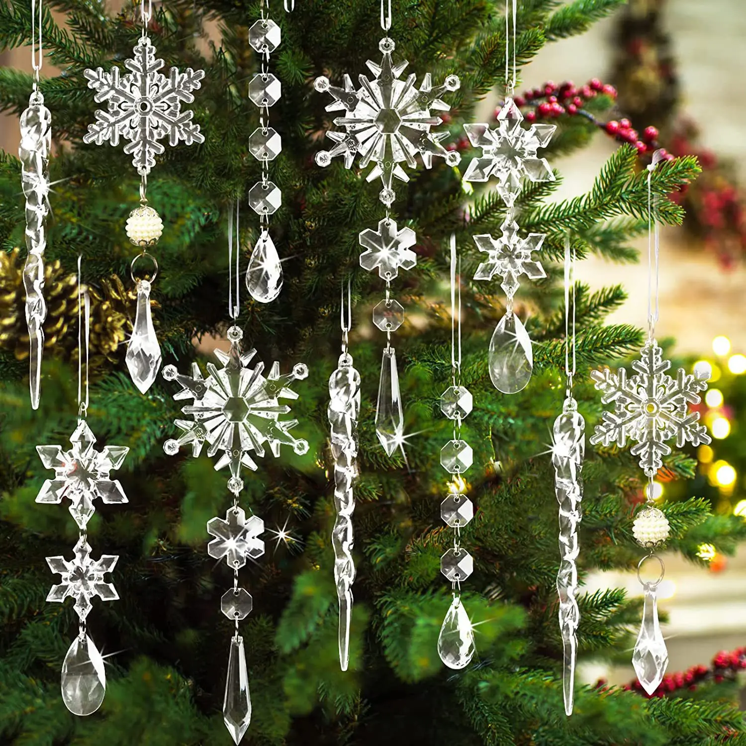 Hochwertiges Acryl-Kunststoff-Aufhänge-Ornament-Set für Festivals, Eiswaffeln, Schneeflocken, Wanddekoration für Heimpartys, Weihnachtsbäume