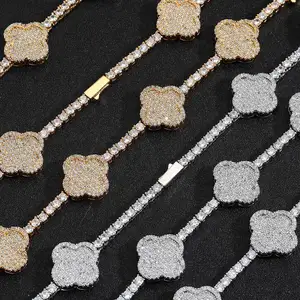 Luxury 3mm 4mm Four Leaf Clover Design Moissanite Diamond Tennis Chain Necklace and Bracelet Set