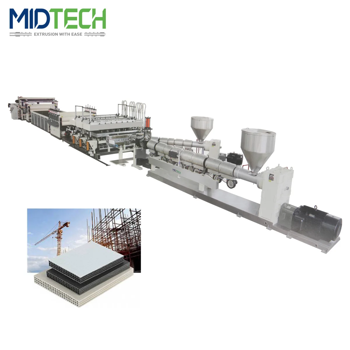 MIDTECH Precio de fábrica Línea de extrusión de máquina para fabricar tableros de construcción huecos de plástico PP PE PC de tres capas