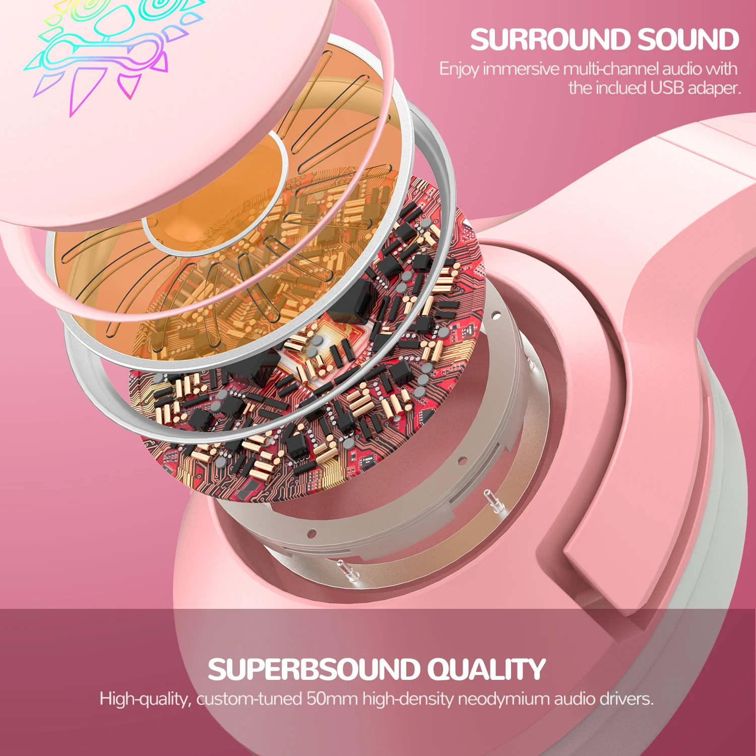 Overseas Warehouse Onikuma K9 Girls Cat Ear Pink Headset 7.1 Stereo Rgb ...