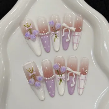 Artisan [Romantic Purple] French Spring Summer Armor Three-dimensional Tulips Almond Cool Air Texture Long Tips Hand-Worn White