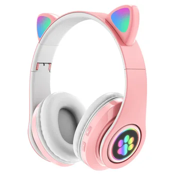 Cute Cat Ears Headphones Flashing LED Bluetooth Phone Wireless Headset with Mic Stereo Music Earphone for Kid Girl Gift