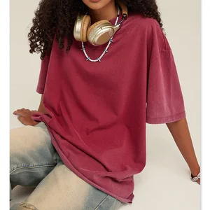 Vintage Basic Women's Loose Fit Baggy Acid Wash T-Shirts with Badge Sequined 3D Embroidery