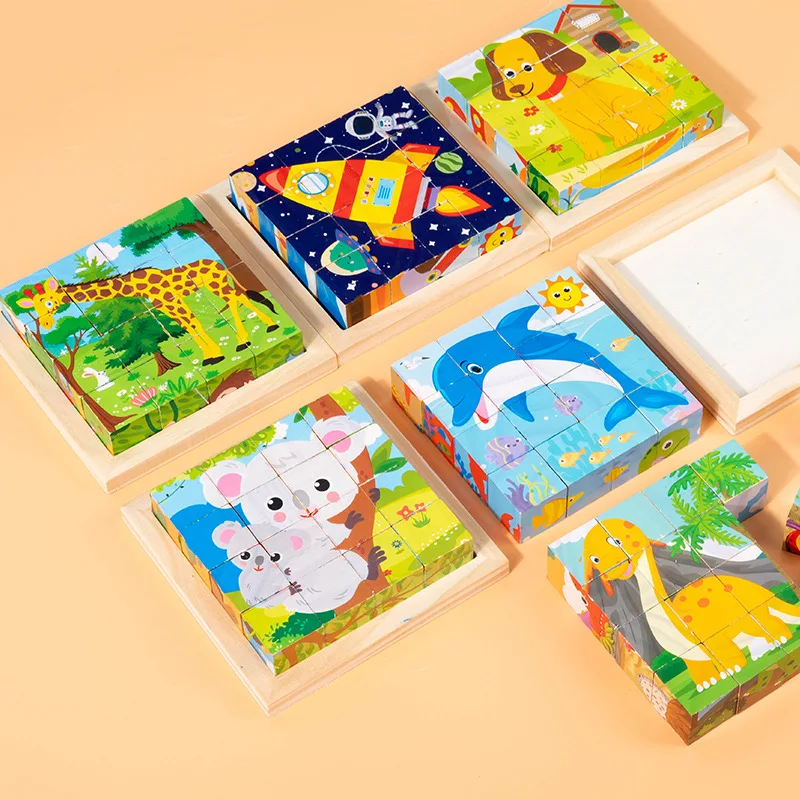 Best Selling Wooden Six-sided Cube Puzzle Transportation Animal Wooden Cube Puzzle Assembling 3d Wooden Puzzle Cube