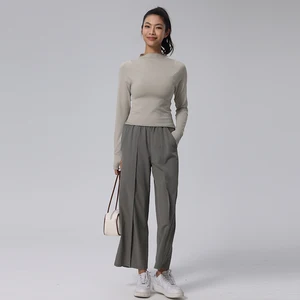 Custom Yoga Long Sleeved Top Women Suits High Neck T-shirt High Waisted Baggy Wide Leg Pants Solid Casual Sports Two Piece Set