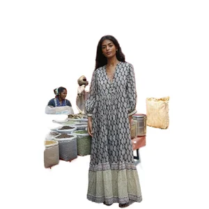 Customize Service High Street Lady Bohemian Digital Printed Cotton Maxi Long Sleeve Floral Indian Ethnic Eco-Friendly Dress