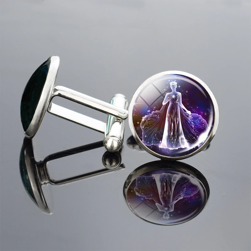 Новые высококачественные запонки с 12 созвездиями, запонки с 12 знаками Зодиака, запонки со стеклянным кабошоном из сплава для мужчин, подарки на день рождения