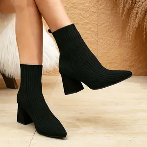 Black Thick Heeled Women's Socks and Boots Versatile Elastic Boots Women's High Heels and Short Boots