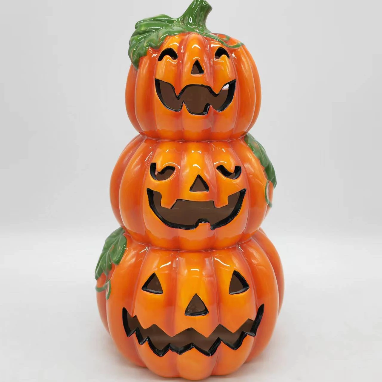 Handmade personalized ceramic light holder pumpkins wholesale  light up christmas ornaments pumpkin with pinstripe