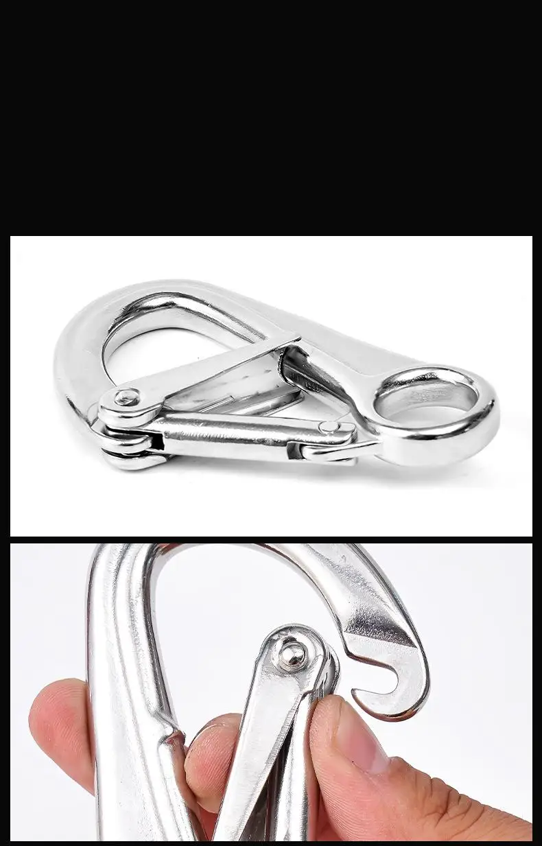 Stainless Steel 304/316 Metal Carabiner Safety Release Pressure Spring Rope Dual Lock Hook Spring Ring Clasps Double Safety Hook