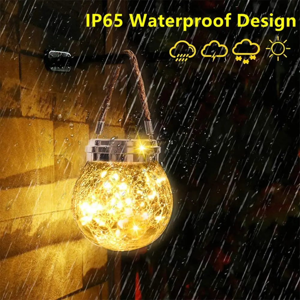6-Pack Solar Cracked Glass Globe Lanterns – Outdoor Waterproof Hanging Lights With Color LEDs, Large Jar Design With Rope Handle For Garden, Patio, Yard Decor