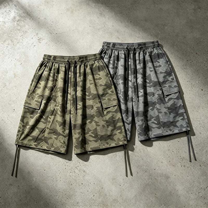 Wholesale Camo Cargo Shorts Men Baggy Wide Leg Drawstring Multi Pocket Knee Length Y2K Streetwear Casual Men Cargo Shorts gallery 7