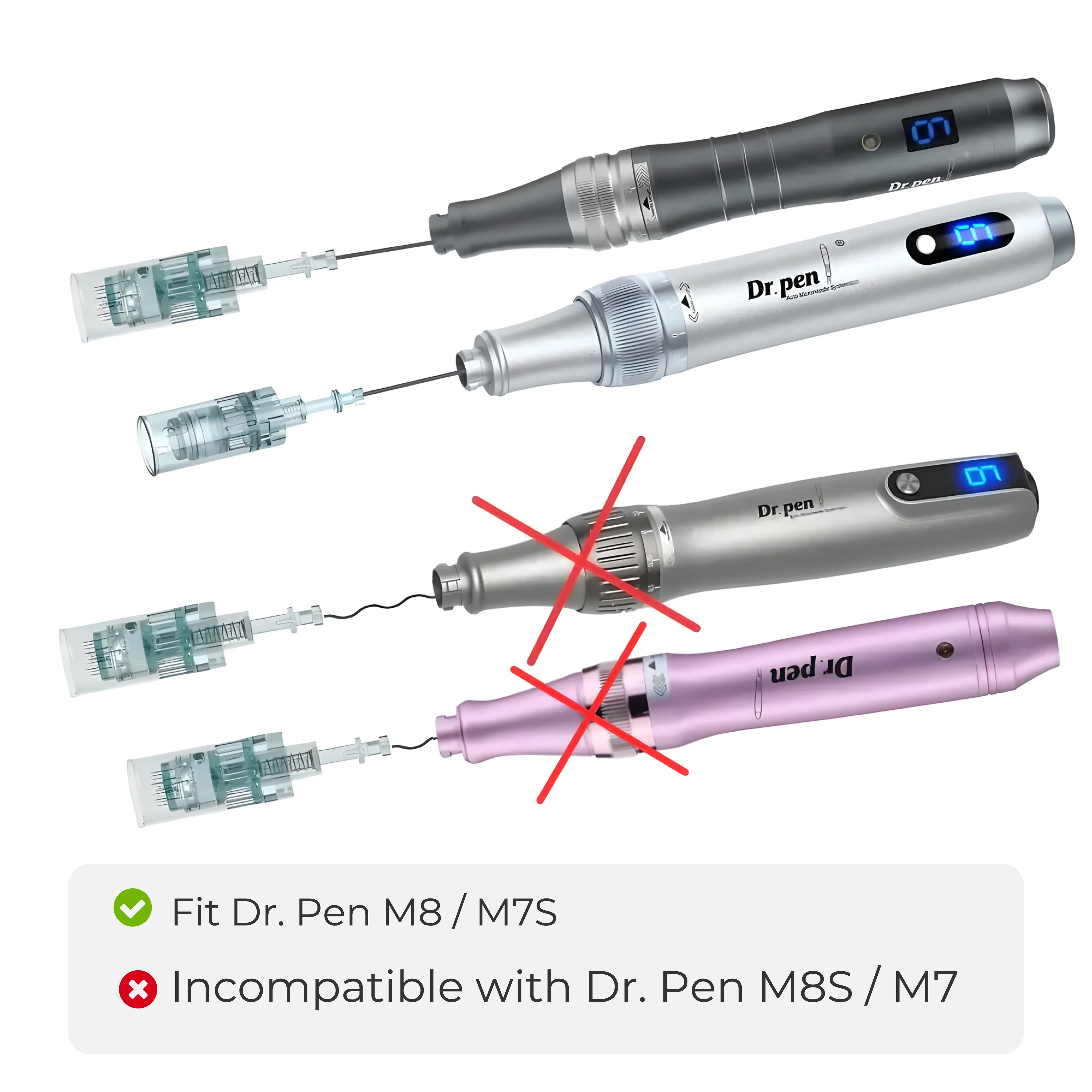 <h2 class="isSelectedEnd"><strong>Professional Microneedling Replacement Cartridges for Dr. Pen M8 & M7S</strong></h2> <p class="isSelectedEnd">Choose the needle configuration and pack size that match your treatment workflow. These replacement cartridges are designed for use with <strong>Dr. Pen M8 and M7S microneedling pens</strong> and are available in nine configurations, including 11-pin, 16-pin, 24-pin, 36-pin, 42-pin, Nano-5D, Nano-R, Nano-3D, and Nano-S.</p> <p class="isSelectedEnd">Available in <strong>20-pack, 50-pack, and 100-pack options</strong>, they give professional users, salons, estheticians, and frequent home users a practical way to maintain a consistent supply of replacement cartridges.</p> <strong>Compatible Models:</strong> Dr. Pen M8 / M7S <strong>Cartridge Type:</strong> Replacement Microneedling Cartridge <strong>Needle Options:</strong> 11-Pin, 16-Pin, 24-Pin, 36-Pin, 42-Pin, Nano-5D, Nano-R, Nano-3D, Nano-S <strong>Pack Sizes:</strong> 20 / 50 / 100 Cartridges Dr. Pen M8 / M7S Replacement Cartridges – 9 Needle Options, 20/50/100 Pack