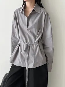 Women's Polo Collar Casual Shirt Tie-Waist Slimming Vintage Blouse