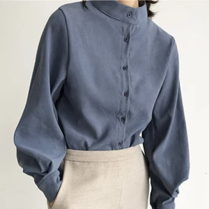 Custom High Quality Silk/Cotton Anti-Wrinkle Lantern Long Sleeve Women's Office Blouse with Solid Stand Collar for All Seasons