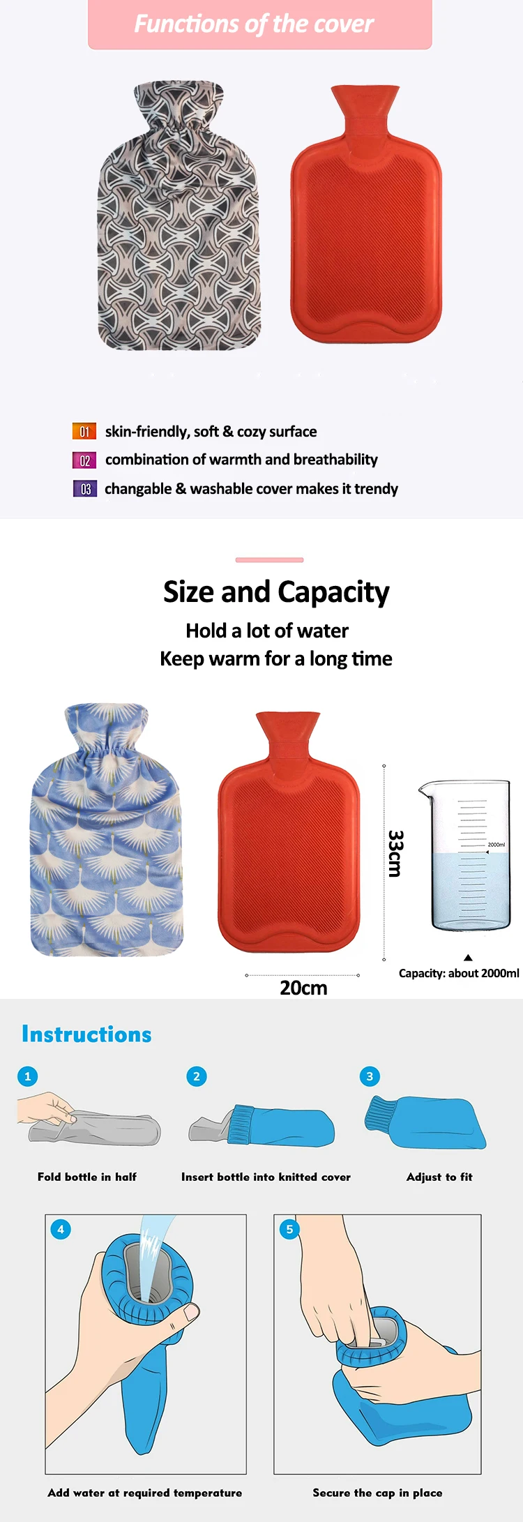 china manufacture 1l / 2l reusable rubber hot water bottle hand warmer medical hot water bag fleece cover