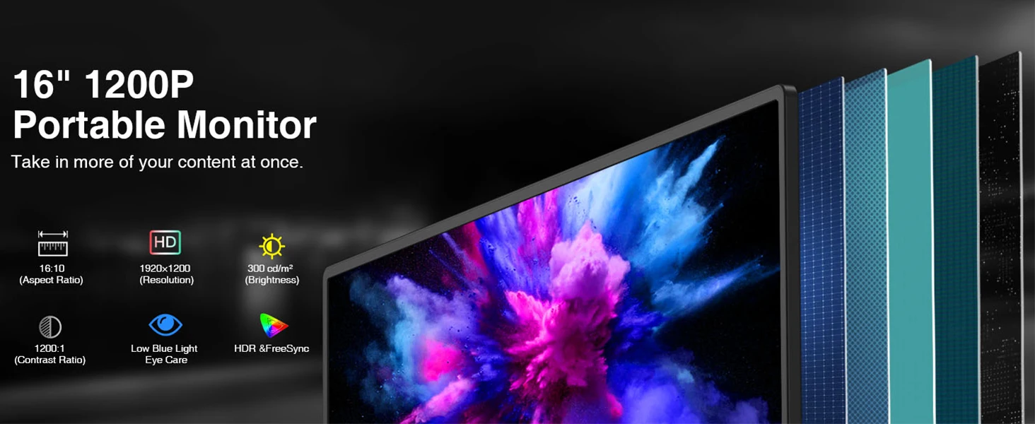 New Portable Monitor for Laptop, 1200P 16inch HDMI USB C Computer Display HDR IPS Gaming Monitor External Second Computer Screen