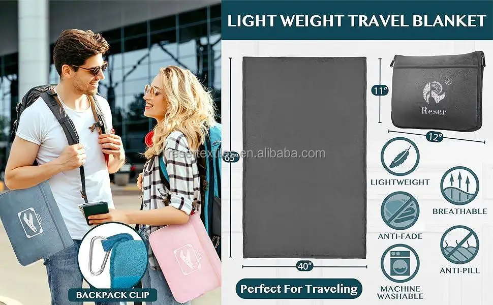 2-in-1 Super Soft Knitted Flannel Throw Zipper Bag Pockets Carabiner Luggage Strap Convenient Multipurpose Travel Blanket Pillow