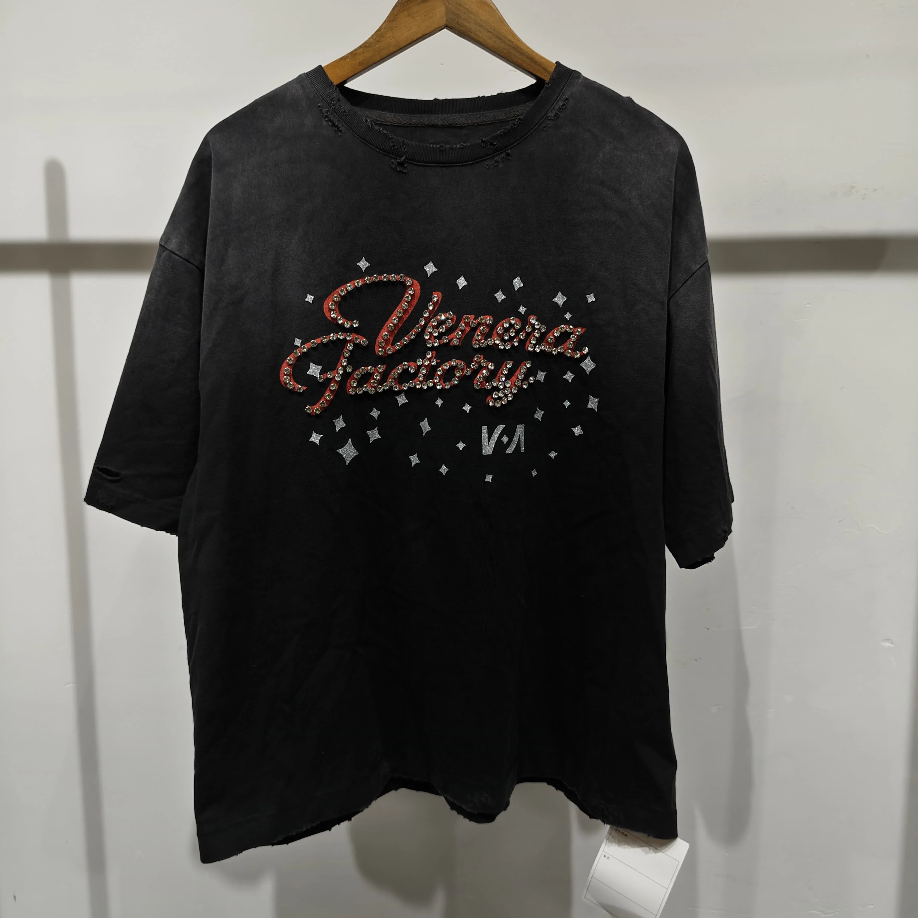 Custom High Quality Men Summer Loose Crew Neck Diamond Rhinestone Washed Print Short Sleeve Vintage T Shirt