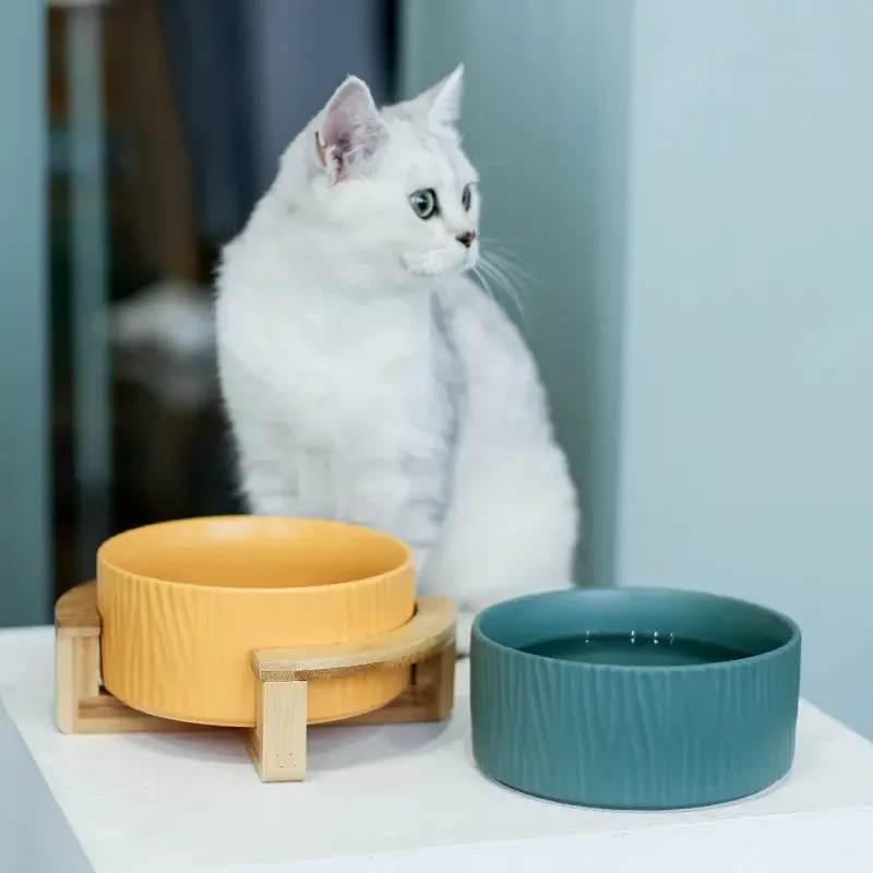 Cat Dog Bowl Dish With Wood Stand No Spill Pet Food Water Feeder Cats ...