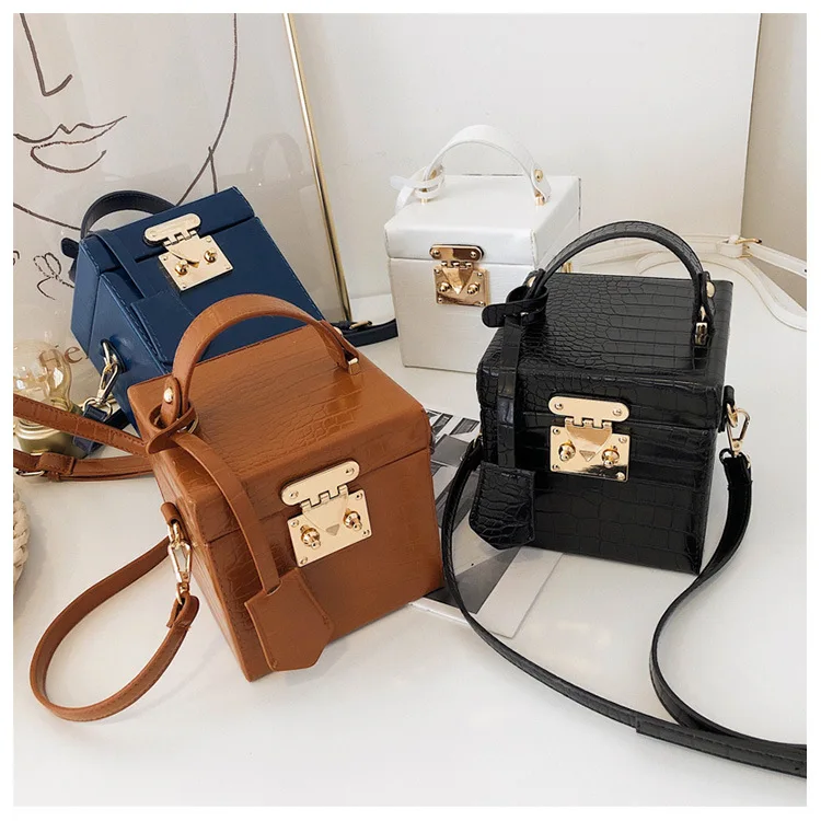 Lock Small Square Box Bag Women Solid New Summer Retro Color