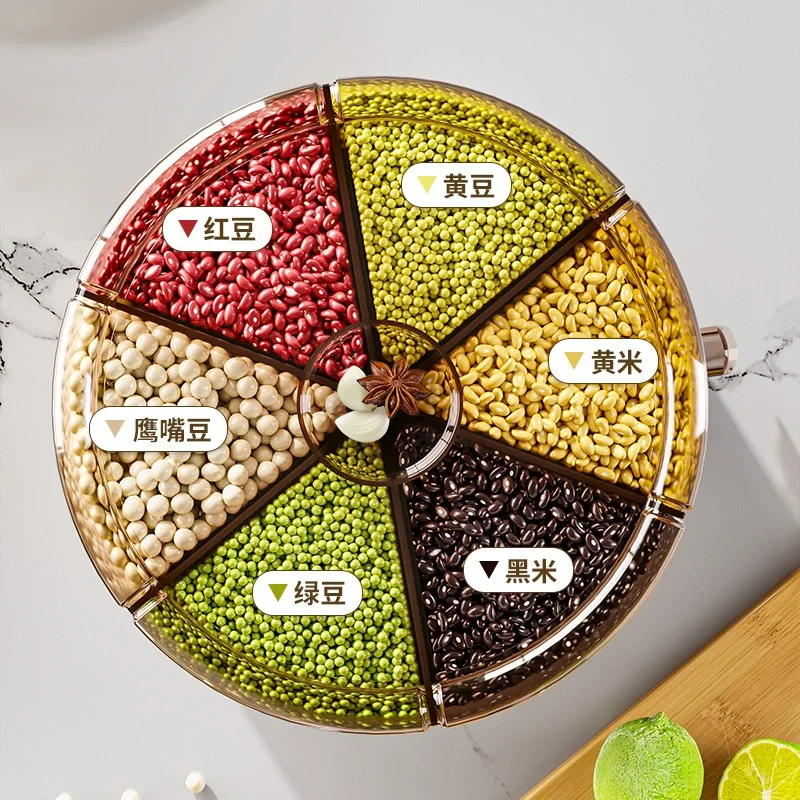 Factory Custom 6 Compartment Transparent Rice Dispenser Small Multigrain PP Storage Box Rotating Kitchen Case for Bag Use