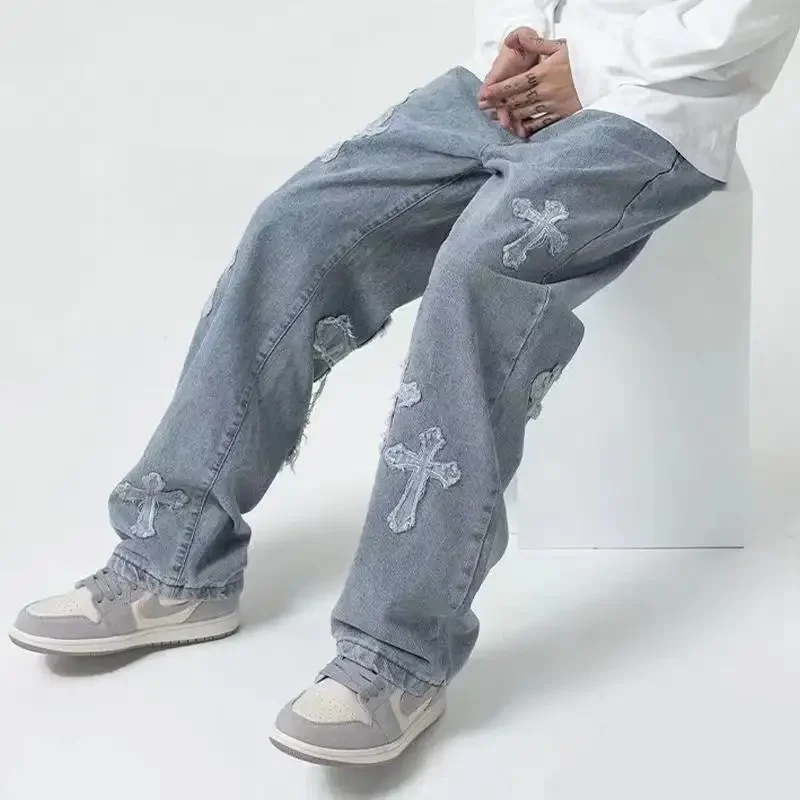 Hip Hop Mid Rise Baggy Jeans for Men Korean Fashion Trousers Cross Denim  Pants Women Cargo Pants Punk Clothes