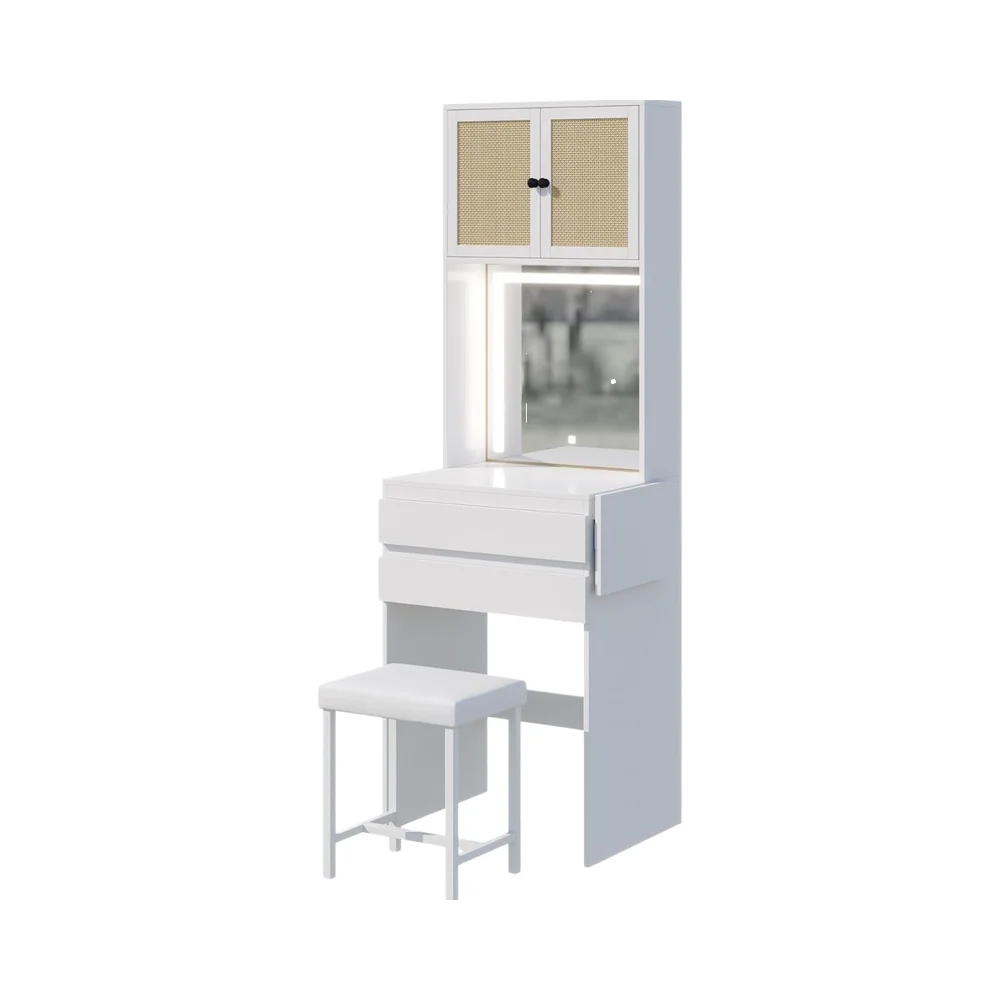 Adjustable Small Dressing Table with Mirror and Drawers Space Saving Skinny Panel Cabinet Vanity Desk for Makeup
