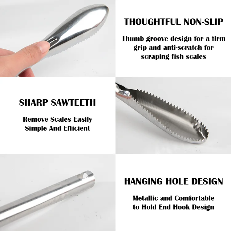 Rust-Proof Fish Skin Scraper Kitchen Fish Scale Remover Cleaning Tool Non-Slip Dual Serrated Stainless Steel Fish Scaler
