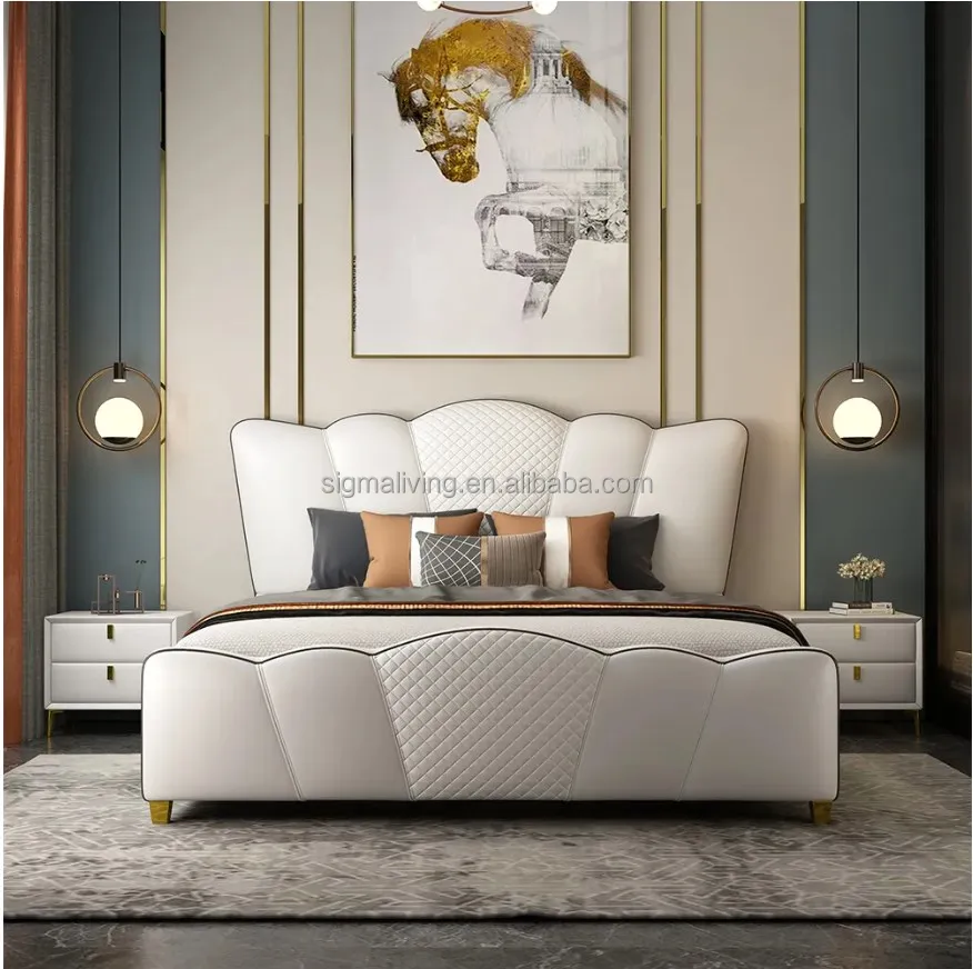 Milky curved headboard cal King bed white microfiber leather platform bed