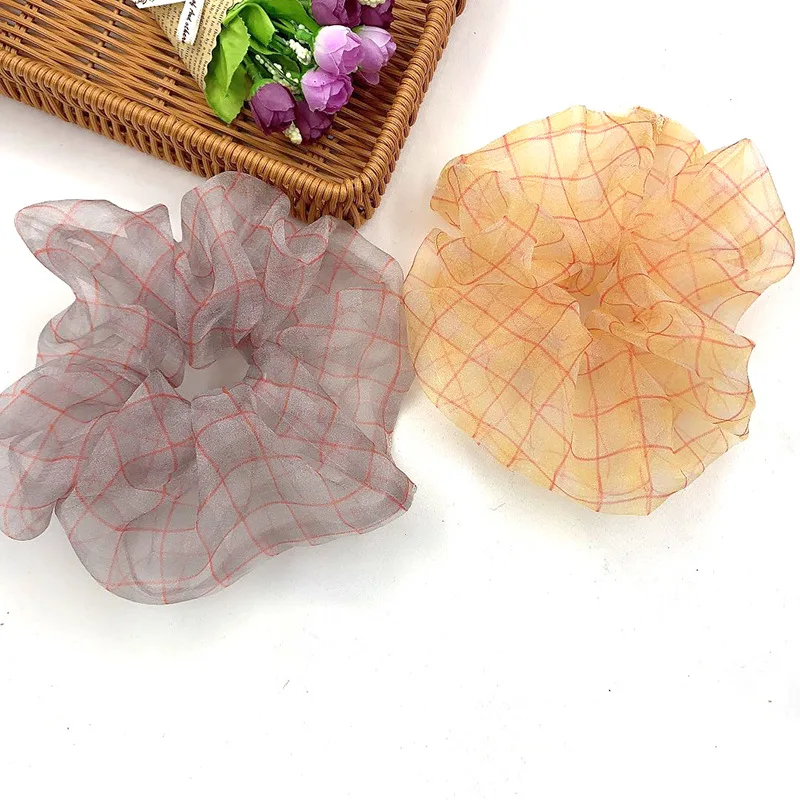 Yucat 2022 Wholesale Fabric Elastic Band Women Accessories Scrunchies Custom Print Plaid Oversized Mesh Scrunchies For Hair