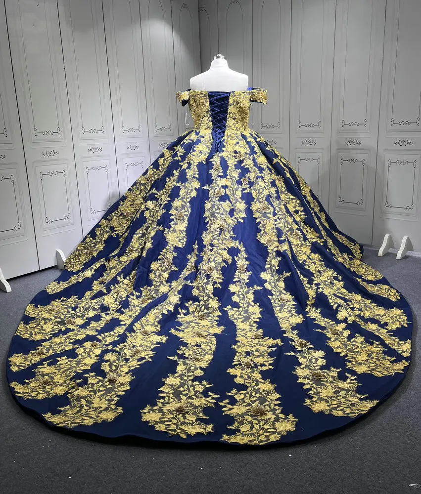 navy blue and gold quinceanera dress Off-the-shoulder Navy Blue Quinceanera Dresses Flowers Gold Appliques Lace