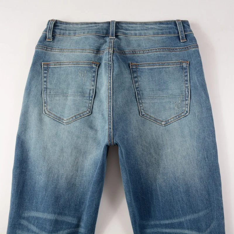 Hot Sell Custom Men Vintage Blue Denim Knee Distressed Hip Hop Washed Pants Ripped Stacked Jeans