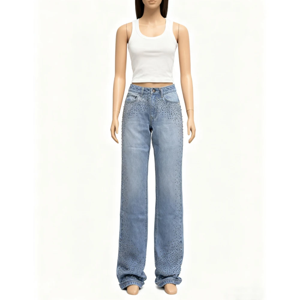 Cotton Classic American High Street Vibe Blinged-Out Twist Side Rhinestone-Embellished Jeans Wide Leg Straight Brillo