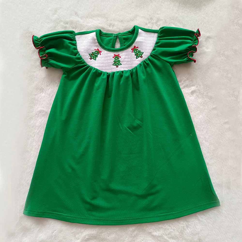 green smocked christmas dresses Santa Face Smocked Green Bishop Dress – Classic Whimsy main image 1