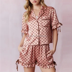 Summer Pajama Set Short Sleeve Collar Top Shorts Bow Dot Print Ruffle Sleepwear Women