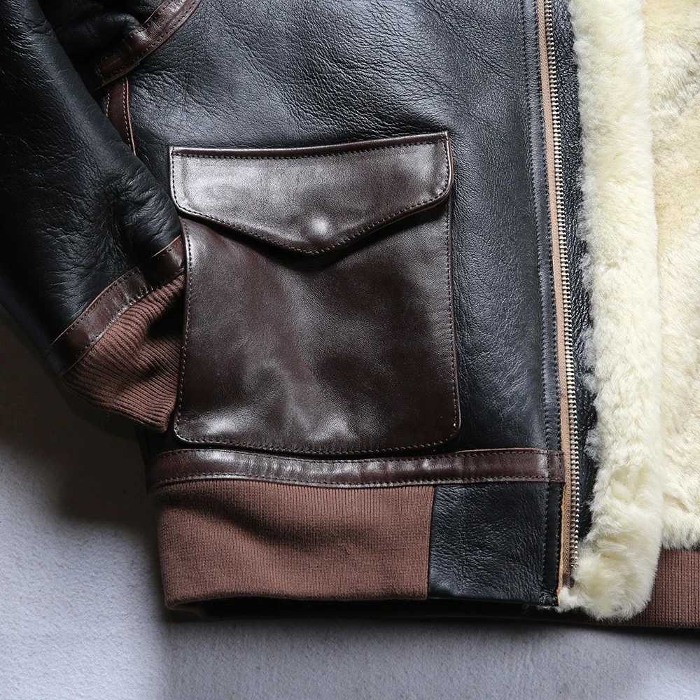 Men's Sheepskin A2 Pilot Jacket - Winter Fur Coat With Lapel_voghion.com