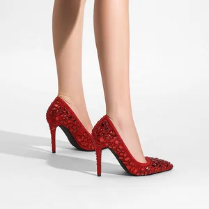 Wholesale Customizable Logo Women's Pointed Toe Pumps Rhinestones Wedding Shoes with Thin Heels for Ladies